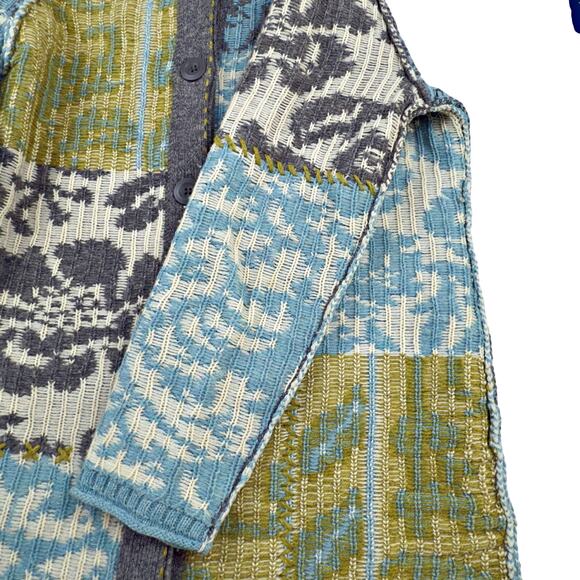 Sundance Lambswool Sweater Womens MED Button Front Long Duster Artsy Patchwork - Picture 4 of 8